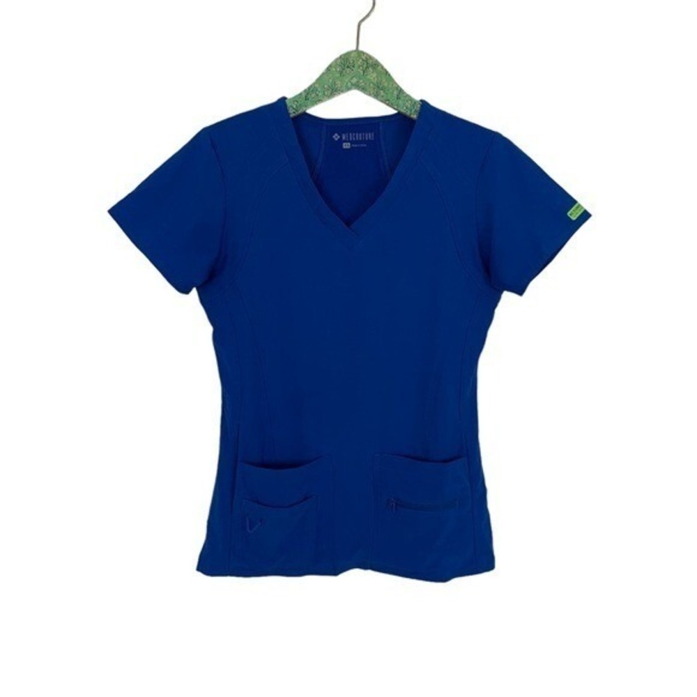 MedCouture Blue Scrub Top XS Stretch V Neck Workwear Nurse Uniform Essential